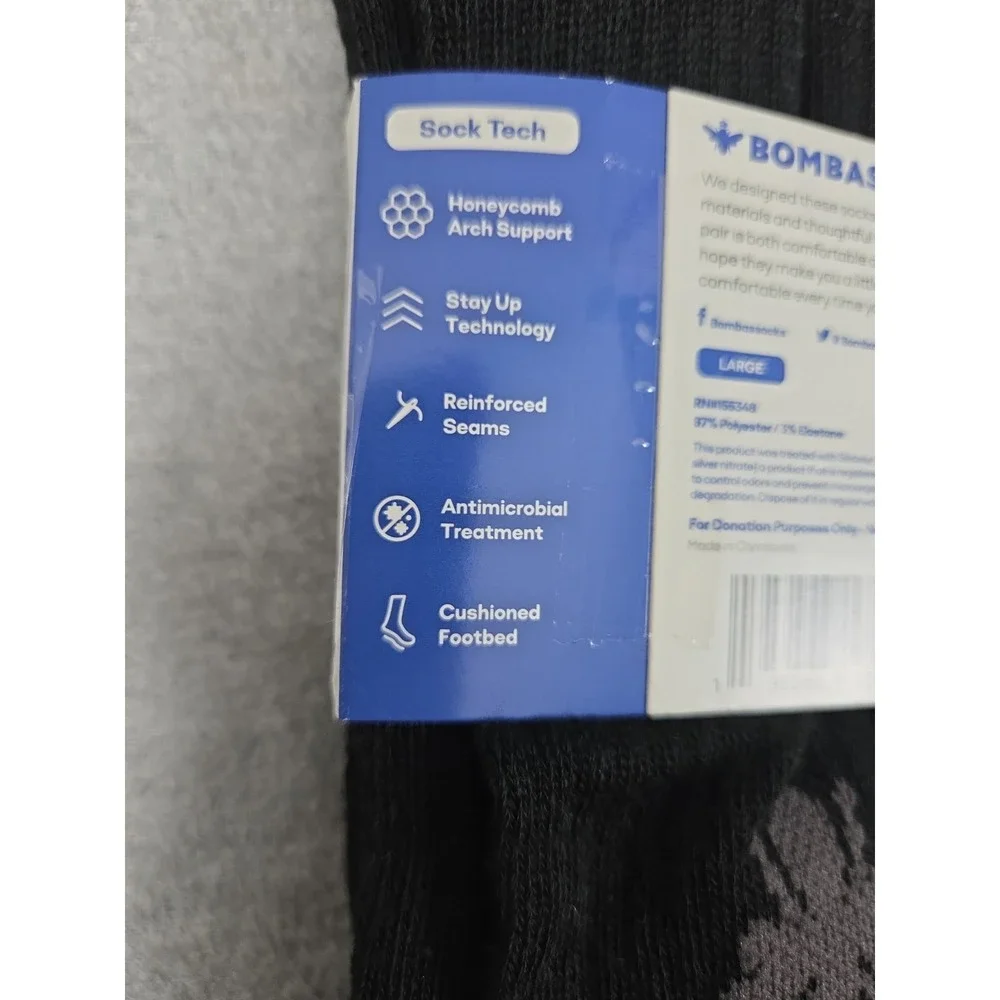 BOMBAS Black Crew Socks Honeycomb Poly Blend Unisex L Cushioned Comfort NEW